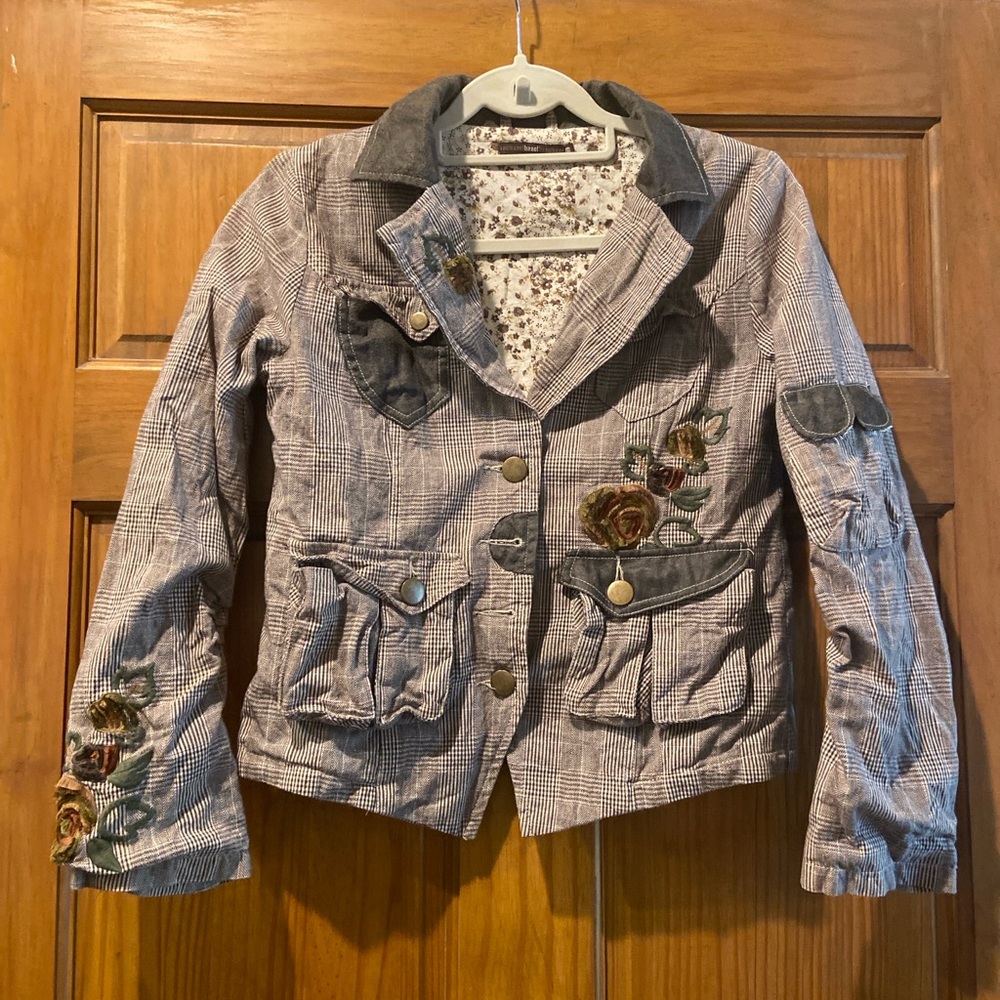 Hazel Plaid Blazer with Floral Embroidery